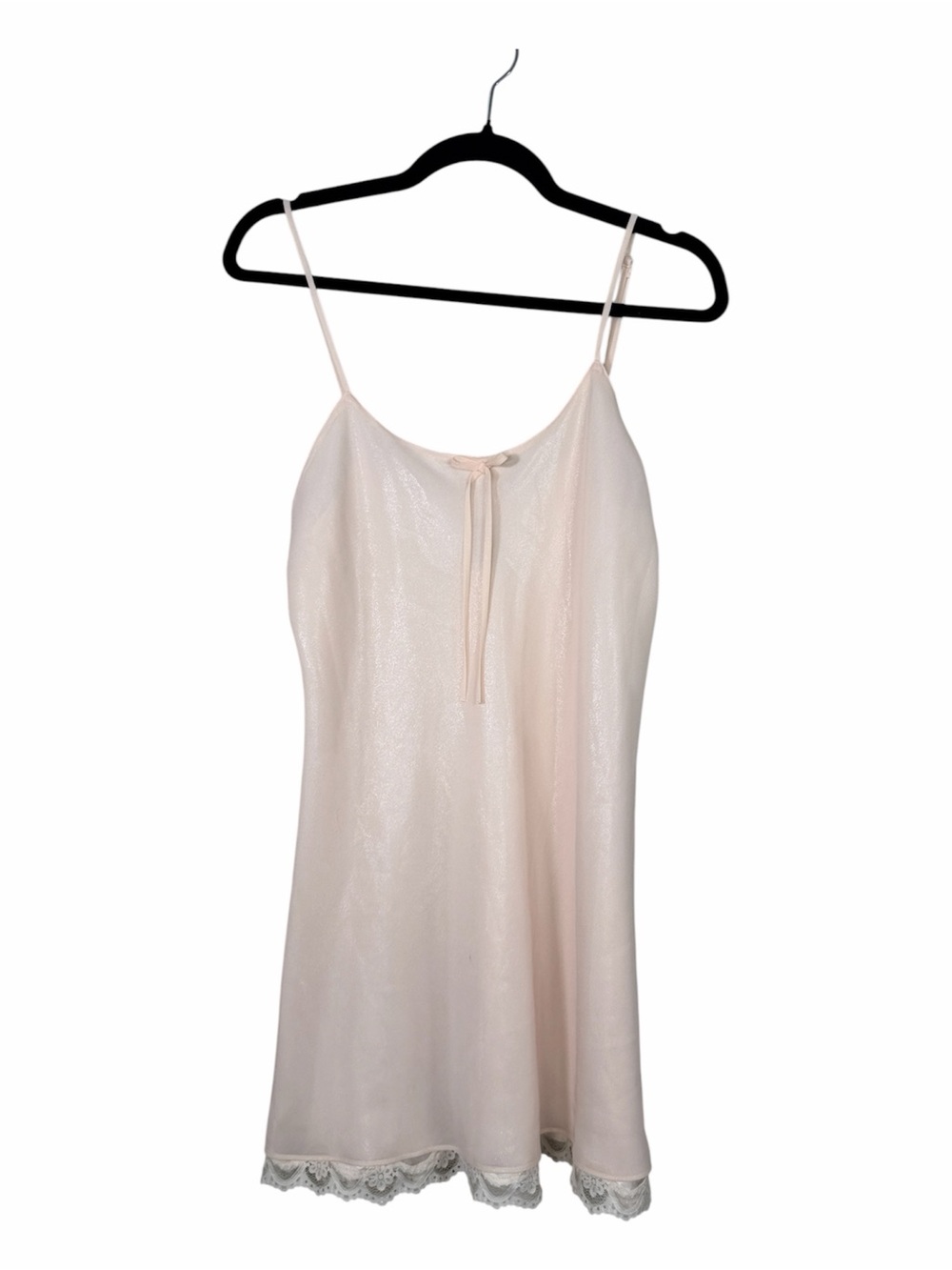 Vintage MT 90s Pale Pink Silver Shimmer Slip Dress Womens M Lace Trim Mini
